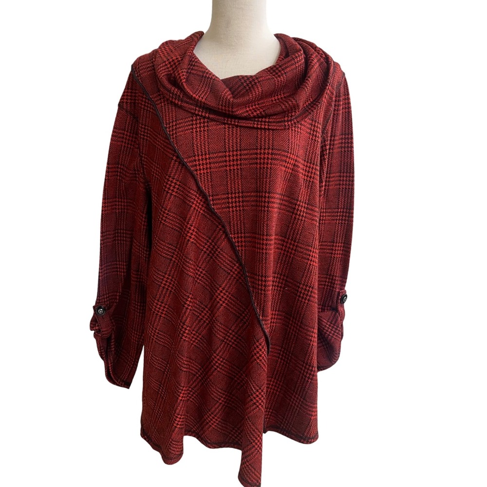 Ali Miles Red Plaid‎ Cowl Neck Long Sleeve Tunic Top Women's Size L pre owned